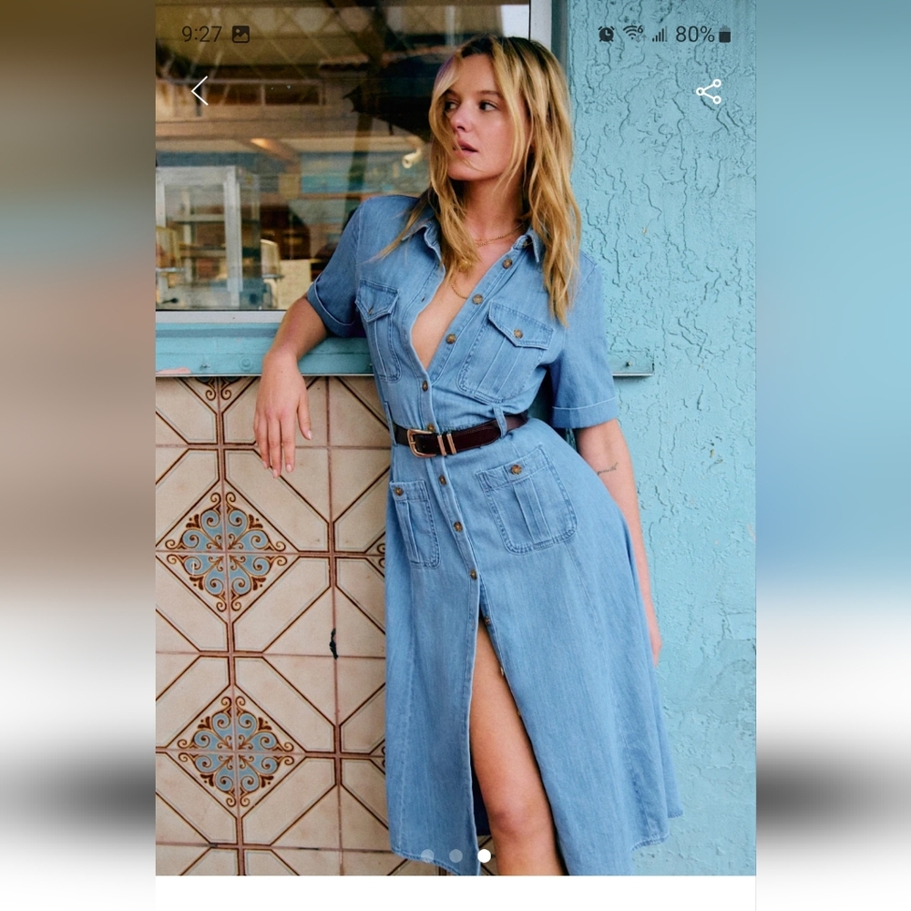 Sézane Raquel Denim Shirt Dress Light Blue Button Front Belted EU 44